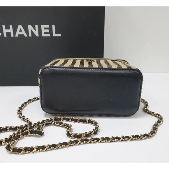Chanel Vanity Chain Raffia Jute Thread Black Beige Bag - Picture 6 of 6